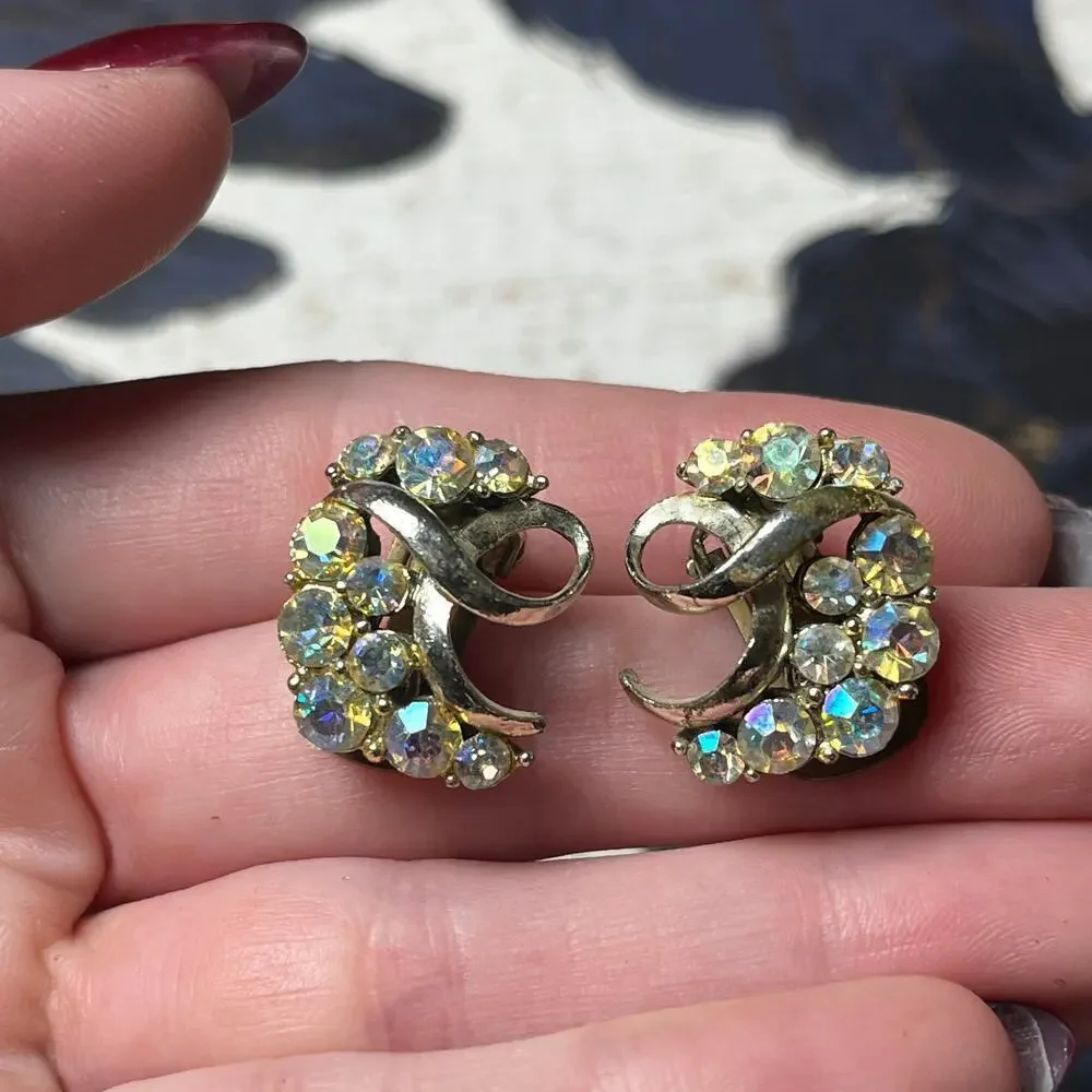 Vintage Crescent Silver Tone Sparkling AB Aurora Borealis Earrings